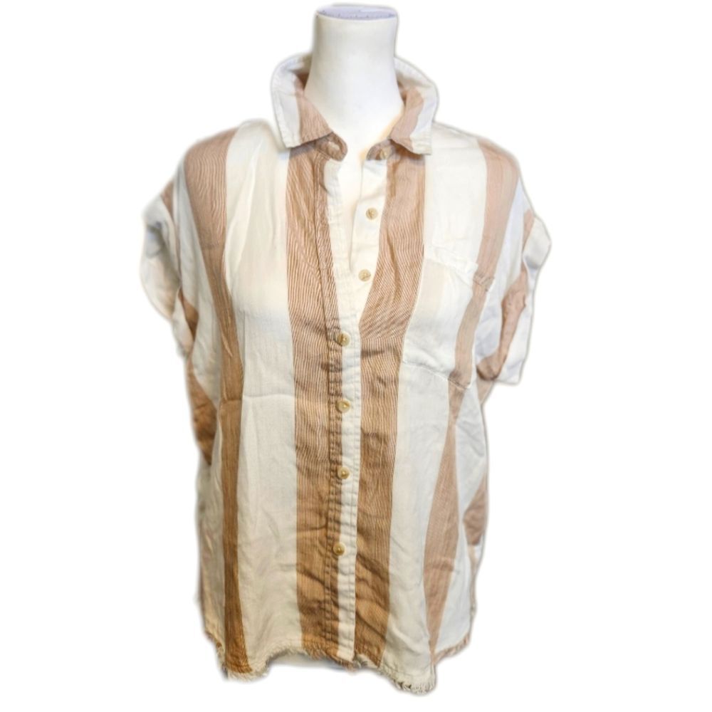 Thread + Supply Button Down Cream & Tan Striped 100% Tencel Blouse Top, S